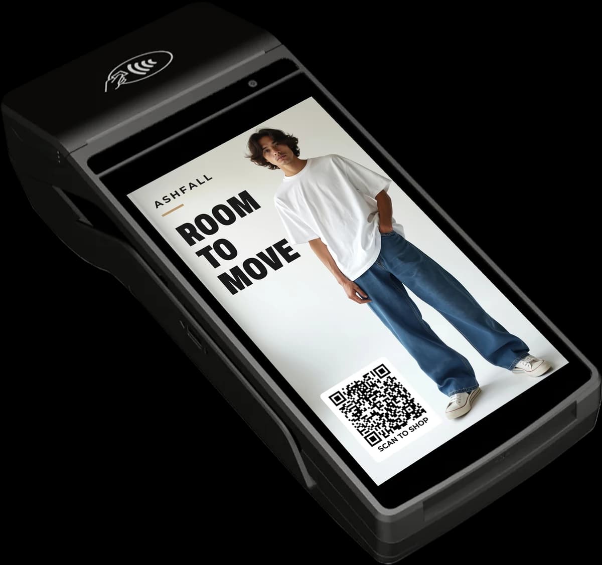 An example full-screen brand ad on a Tap Payments handheld terminal.